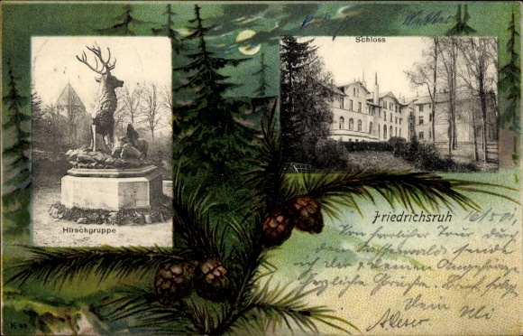 passe-partout Ak Friedrichsruh Aumühle in het hertogdom Lauenburg, kasteel, groep herten, bos, nacht