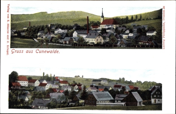 Postcard Cunewalde in the district of Bautzen, total view of the village, church