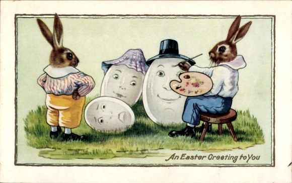 Postcard Happy Easter, Easter bunnies paint humanized Easter eggs
