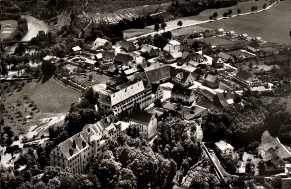 Postcard Memmingen in Swabia, aerial view of Lautrach-Jller, houses, fields, trees