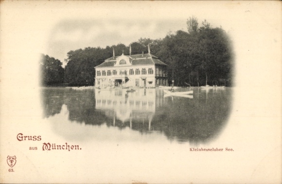 Ak München, Englischer Garten, Kleinhesseloher See, Haus am Wasser, Kleinhesseloher See, Gruss au