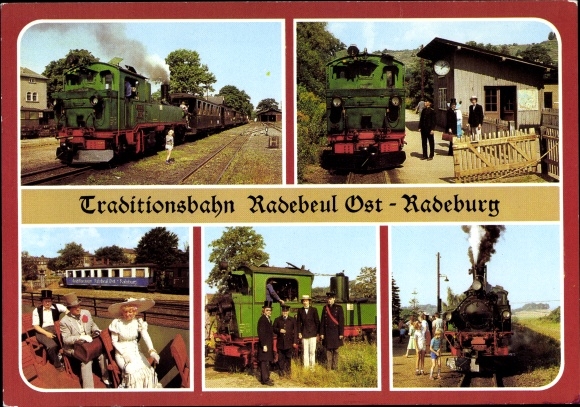 Postcard Deutsche Eisenbahn, traditional railway Radebeul Ost-Radeburg, train crew in uniforms