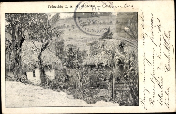 Postcard Medellin Colombia, residential houses, thatched roofs