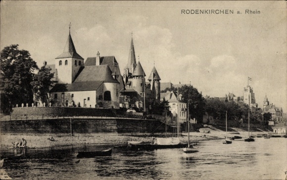 Ak Rodenkirchen Köln am Rhein, Historisches Gebäude, Rhein, Boote, Bäume, klare Himmel