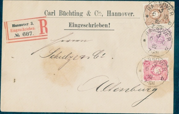Michel nr 40, 41, 43 na notatce wartościowej z Hanoweru do Altenburga, 1882