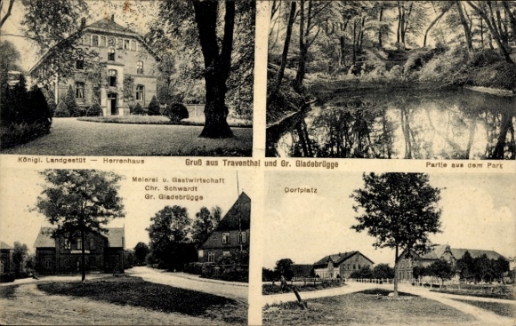 Postcard Traventhal in Schleswig Holstein, Groß Gladebrügge, state stud farm, manor house, dairy farm, inn