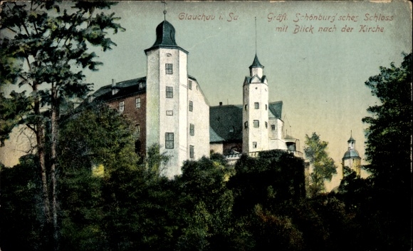 Postcard Glauchau in Saxony, Schönburg Castle, view of the church, architecture