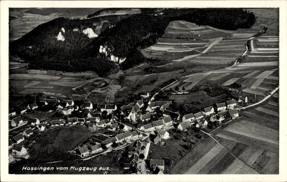 Postcard Hossingen Meßstetten in the Zollernalb district, aerial photograph, Gasthof Brauerei Zum Lamm