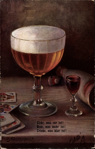 Kunstenaarskaart Hildebrandt, Fritz, bierstilleven, borrelglas, speelkaarten, liefde was zeldzaam Tuck 431