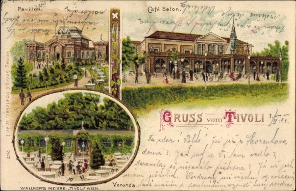 Litho Wien 12. Meidling Österreich, Tivoli, Wallners Meierei, Veranda, Pavillon, Cafe Salon