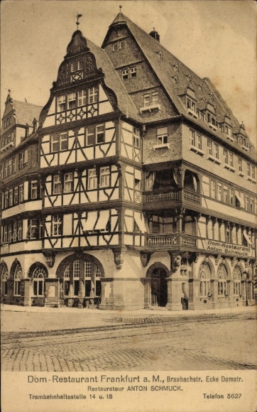 Postcard Frankfurt am Main, Dom Restaurant, Braubachstraße, corner of Domstraße