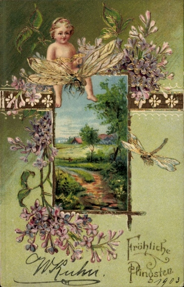 Embossing Chromo-Litho Congratulations Pentecost, child, dragonflies, flowers
