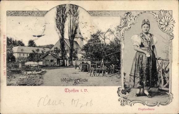 Postcard Thossen Weischlitz in the Vogtland, church, Vogtland woman