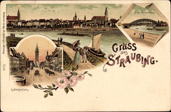 Litho Straubing an der Donau Niederbayern, Ludwigsplatz, Neue Donaubrücke, Stadtansicht