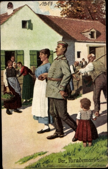 Artist Postcard The Parade March, Soldier strutting with wife through the village, Always an expert, I.WK