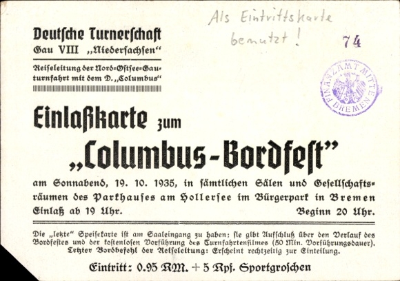 Künstler Ak Dampfer Columbus, Norddeutscher Lloyd Bremen NDL, Eintrittskarte, Einlaßkarte