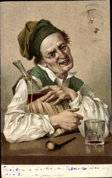 Ak Man met wijn en pijp, portret