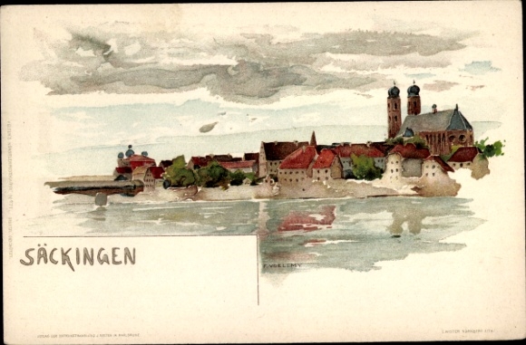 Artist Chromo-Litho Voellmy,F., Bad Säckingen, general view of the city