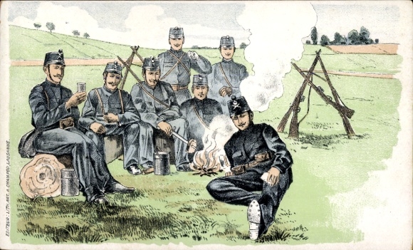 Chromo-Litho Swiss soldiers, campfire