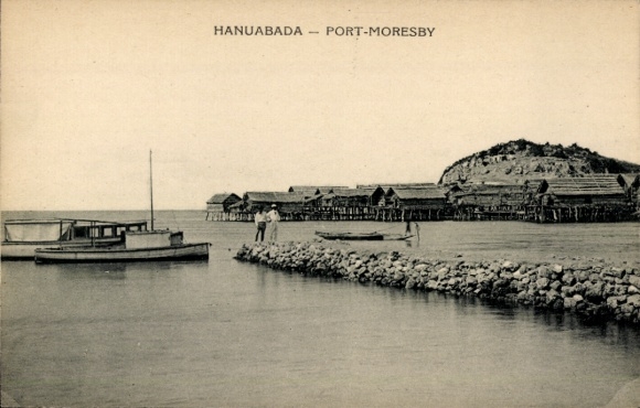 Postcard Hanuabada Papua New Guinea, Port Moresby, coastal area, boats, stilt houses over the water