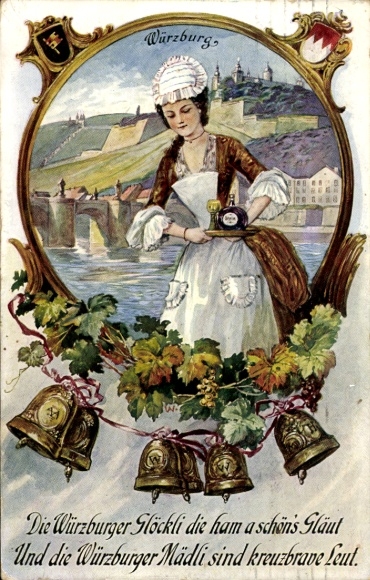Postcard Würzburg am Main Unterfranken, Würzburger Glöckli, maid with wine bottle