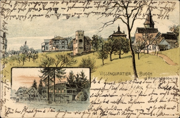 Künstler Litho Fuchs, Karl, Buoch Remshalden Rems Murr Kreis, Blick zum Villenquartier