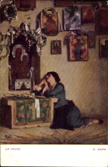 Artist Postcard The Widow, Greek Orthodox altar, icons