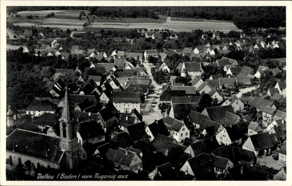 Postcard Dallau Elztal in the Odenwald, bird's eye view of Dallau, church buildings, residential buildings