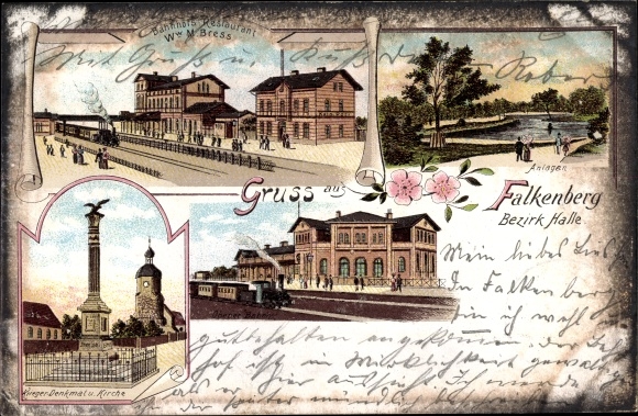 Chromo-Litho Falkenberg an der Elster, train station, train station restaurant M. Bress, grounds, war memorial church