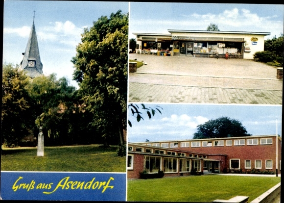 Postcard Asendorf district of Diepholz, department store, school, church tower