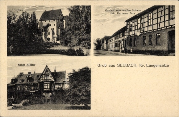 Postcard Seebach Mühlhausen in Thuringia, Inn of the White Swan, Monastery, Castle