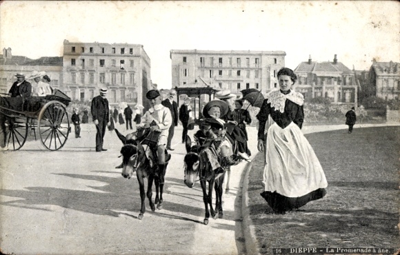 Ak Dieppe Seine Maritime, Promenade a Donkey, Kinder auf Eseln, Kutsche