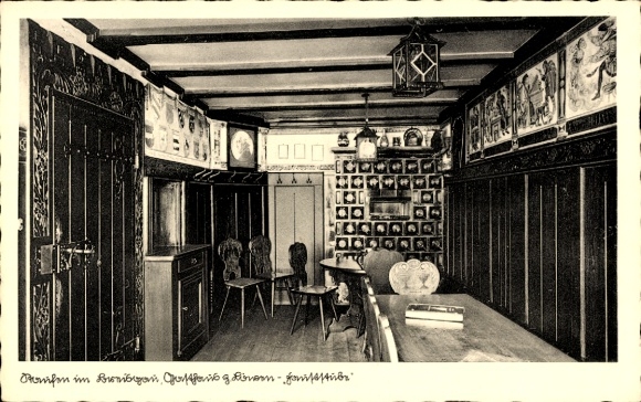 Postcard Staufen im Breisgau, view into the inn, tiled stove