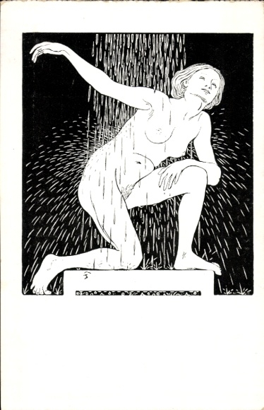 Artist Postcard Fidus, Art Nouveau, Cold Showers, Woman in the Rain