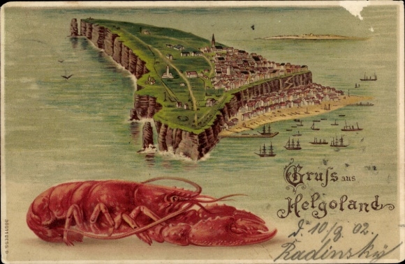 Chromo-Litho North Sea island of Heligoland, island from bird's eye view, lobster