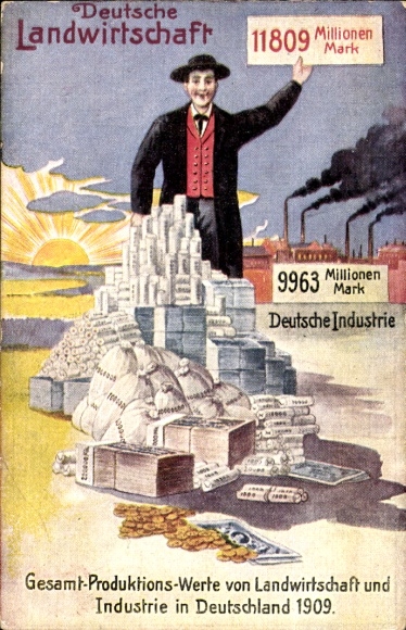 Postcard German Agriculture, German Industry, Total Production Values of 1909, Empire