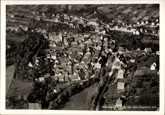 Postcard Creglingen an der Tauber, aerial view of Tauber, houses, landscape