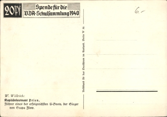 Artist Postcard Willrich, Wolfgang, Lieutenant Commander Günther Prien, Knight's Cross recipient, VDA 1940