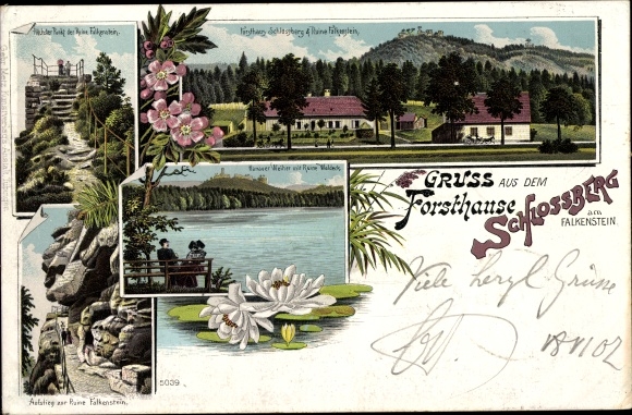 Litho Falkenstein in der Oberpfalz, Forsthaus Schlossberg, Ruine Falkenstein, Hanauer Weiher