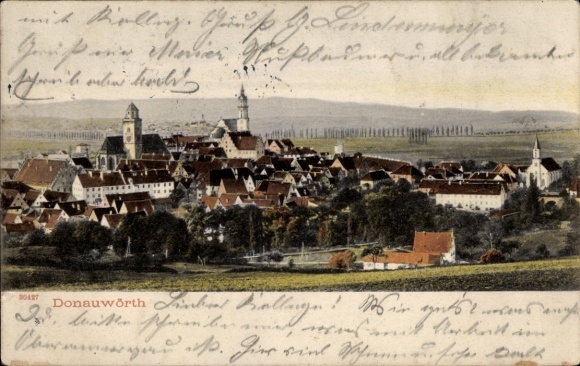 Postcard Donauwörth in Swabia Bavaria, city view of architecture, scenic surroundings