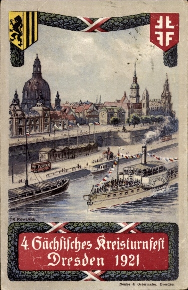 Artist Postcard Dresden Altstadt, Frauenkirche, 4th Saxon District Gymnastics Festival 1921, Steamer Saxony