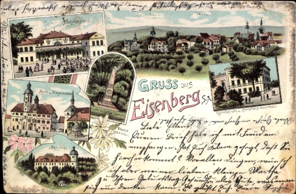 Chromo-Litho Eisenberg im Saale Holzland district, high school, Christiansdenkmal, castle