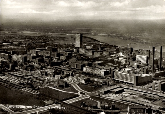 Postcard Leverkusen in the Rhineland, Leverkusen on the Rhine, Bayer Werke, aerial view of the city