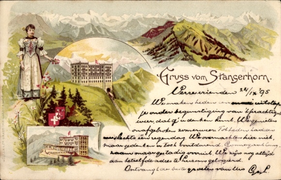 Prekursor lito Stans, kanton Nidwalden, widok ogólny, Stanserhorn, kobieta w stroju ludowym, hotele