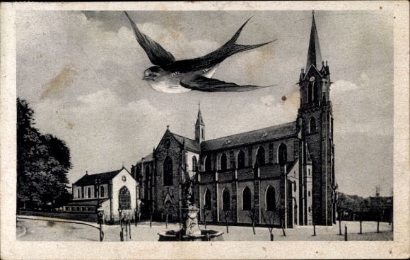 Ak Marienthal Mariental in Niedersachsen, Basilika, Vogel fliegt über Gebäude, Brunnen im Vord...
