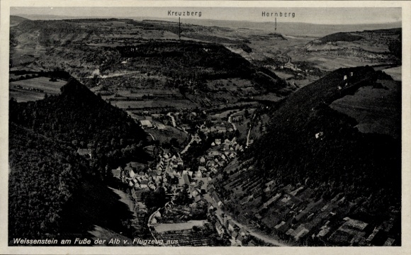 Postcard Weißenstein Lauterstein in Württemberg, aerial photograph, Hornberg, Kreuzberg