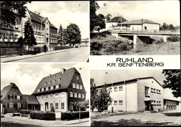 Postcard Ruhland Oberlausitz, polytechnic high school Geschw. Scholl, Elster bridge, town hall, gymnasium