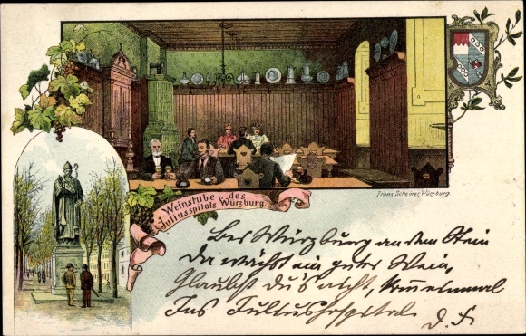 Chromo-Litho Würzburg am Main Lower Franconia, wine bar of the Juliusspital, monument, coat of arms