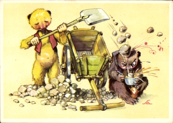 Artist Postcard Two Bears, humanized, humor