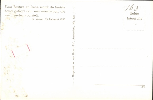 Postcard Princess Beatrix of the Netherlands, Princess Irene, St. Anton Tirol, Schneemann